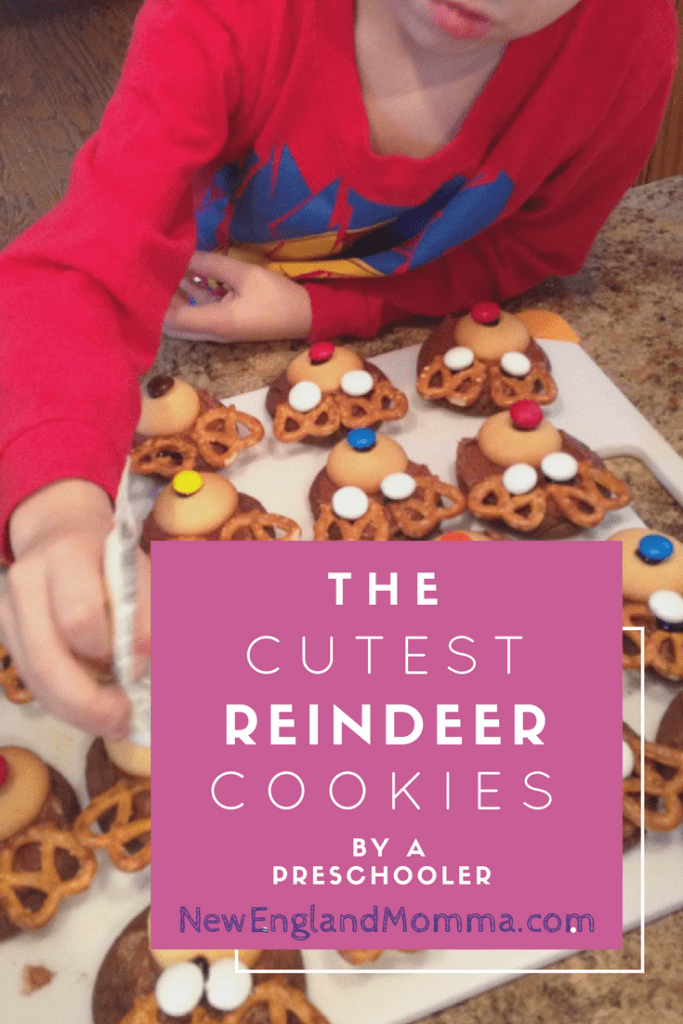 Homemade reindeer cookies made with wafer cookies, pretzels and M&Ms. 