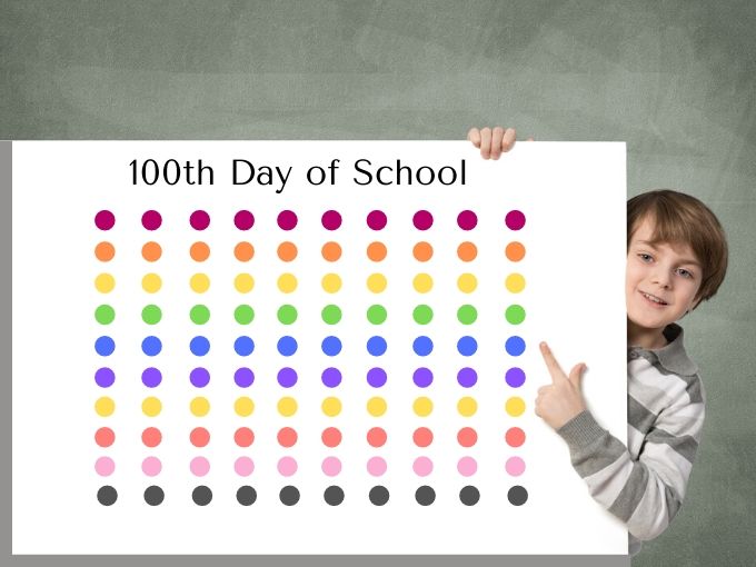 boy with poster with 100 dots of multiple colors 