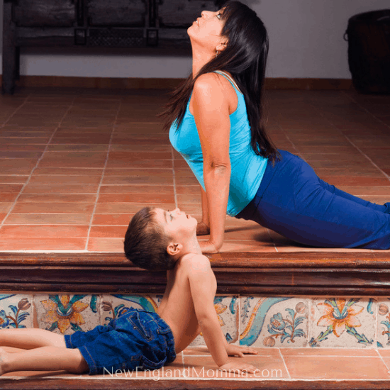 mom and son doing yoga together 