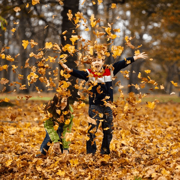 two boys playing in a pile of leaves