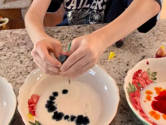 little boy hands putting food coloring drops into a bowl of milk 