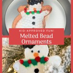 pony beads in a snowman shaped cookie cutter and a snowman ornament