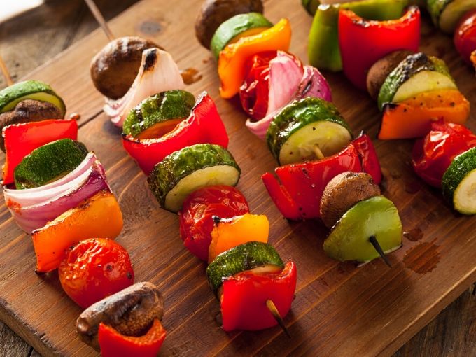 vegetable skewers on a cutting board