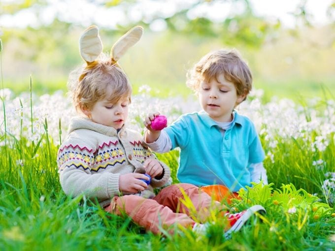 Two little boys sitting in the grass with flowers and color eggs