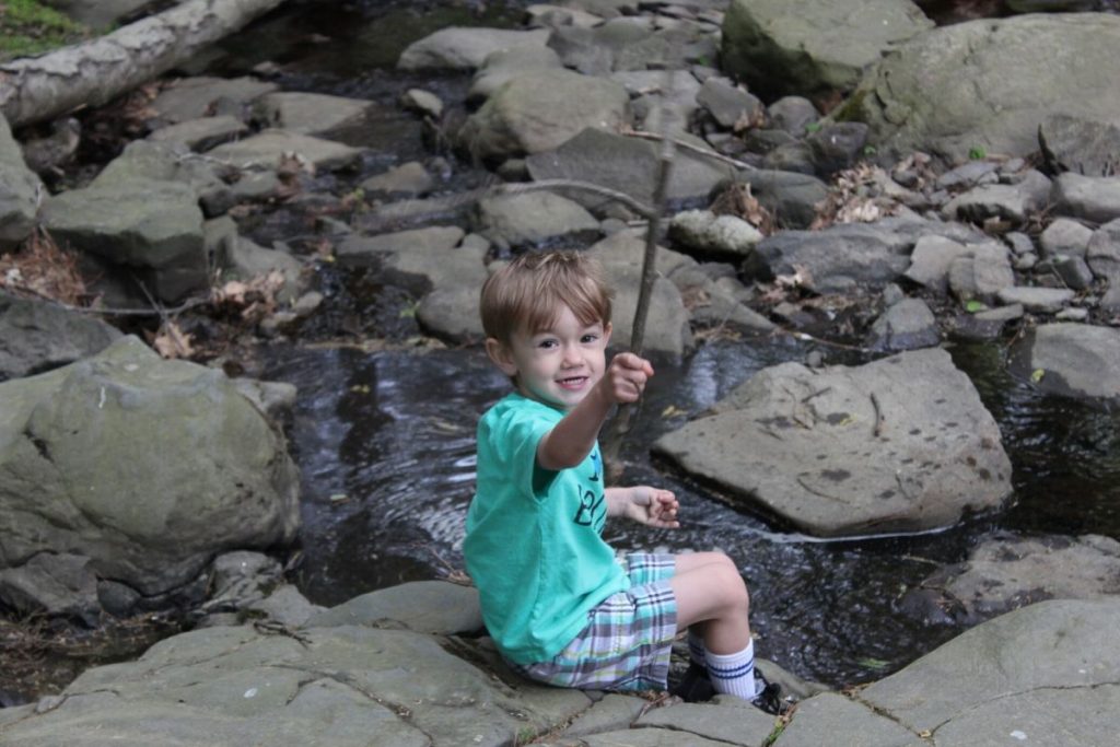 young boy sitting down on a rock holding a stick while on a hike with family