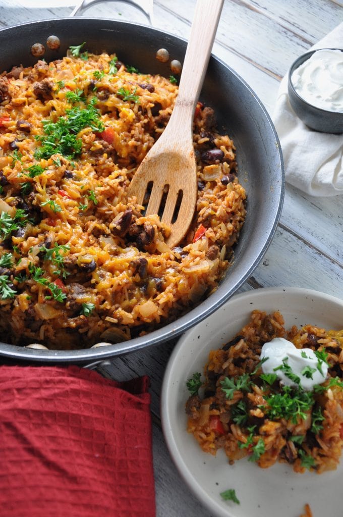 Dinner in a skillet with rice, beans and ground beef