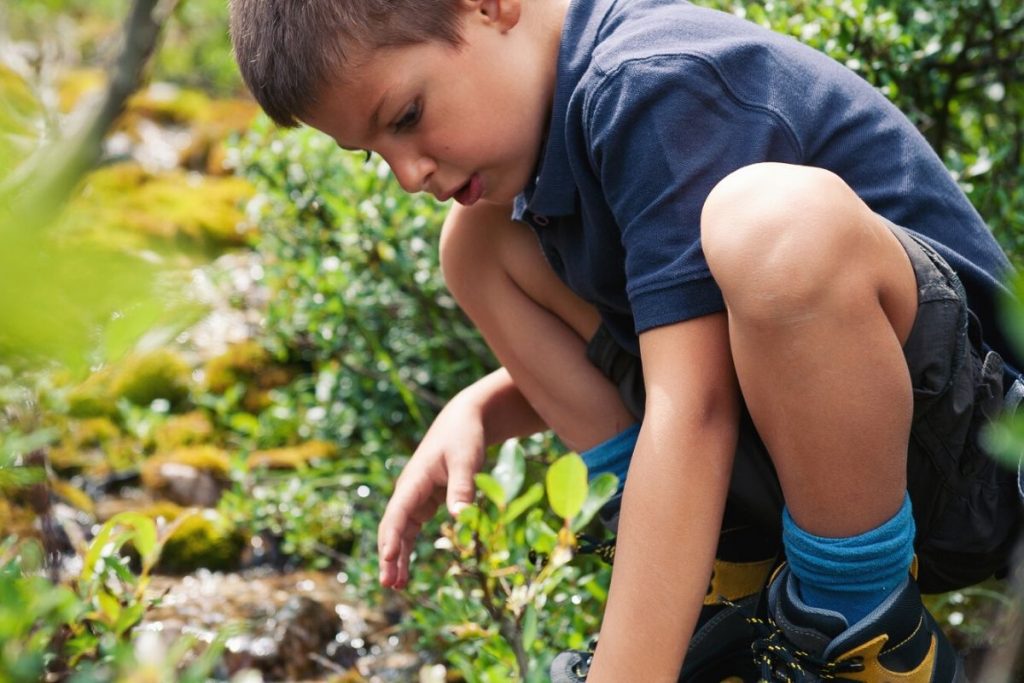 young boy looking for letterboxing treasure in the ground