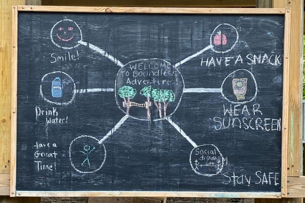 A chalkboard sign that advises people to smile, drink water, have a great time, have a snack, wear sunscreen and stay safe at Boundless Adventures in Berlin, MA