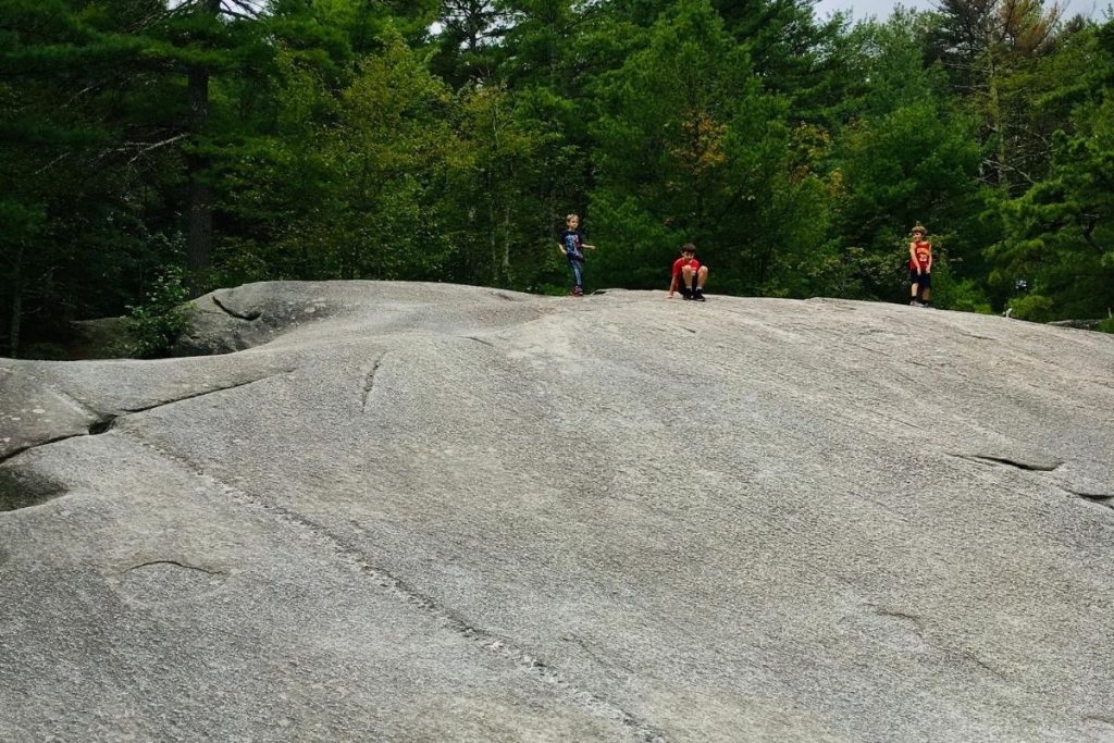 Kids on a large slanted rock, sitting on their butt and sliding down for fun