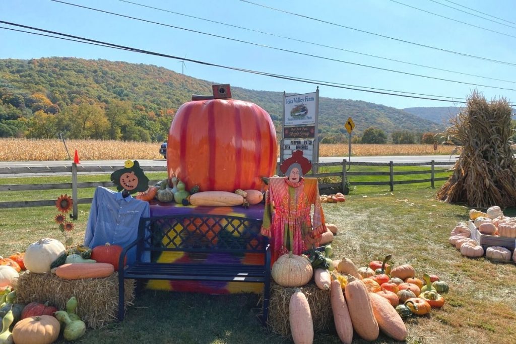 Spend a weekend in this area to see a country road with a farm stand and a pile of pumpkins in Hancock, MA