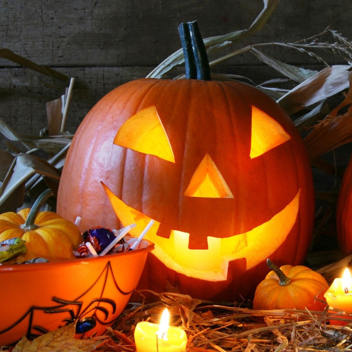 A big smiling jack-o-lantern lit up with a bowl of candy