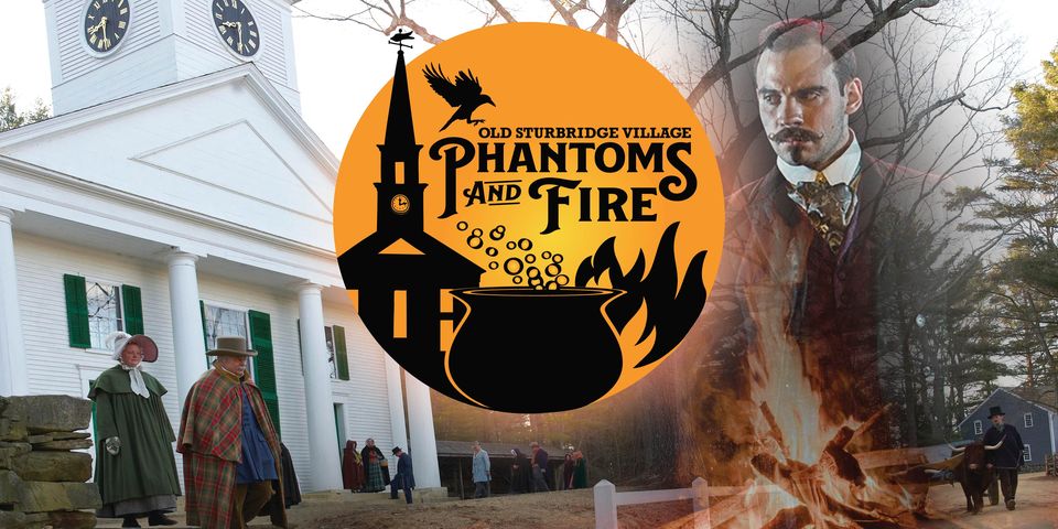 A white church and a logo from Old Sturbridge Village's Phantoms and Fire