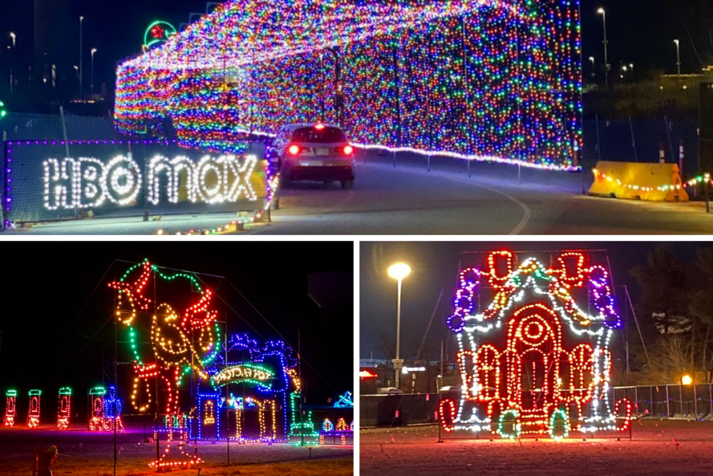 Three photos of large lit up multiple holiday lights at night.