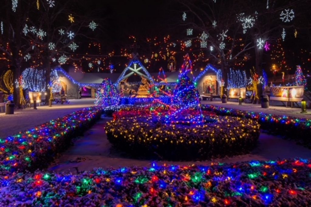 La Salette Shrine with festive holiday lights and snowflakes