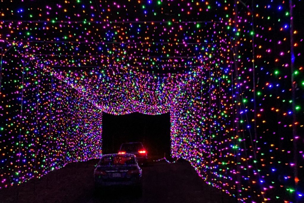 Cars driving through a holiday lit tunnel