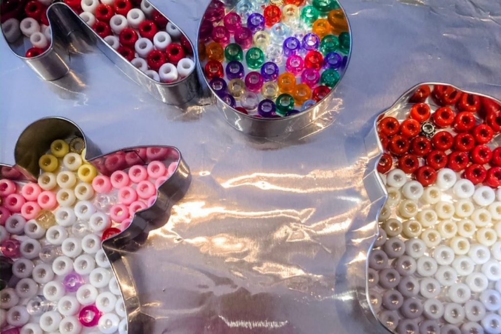 beaded ornaments in cookie cutters