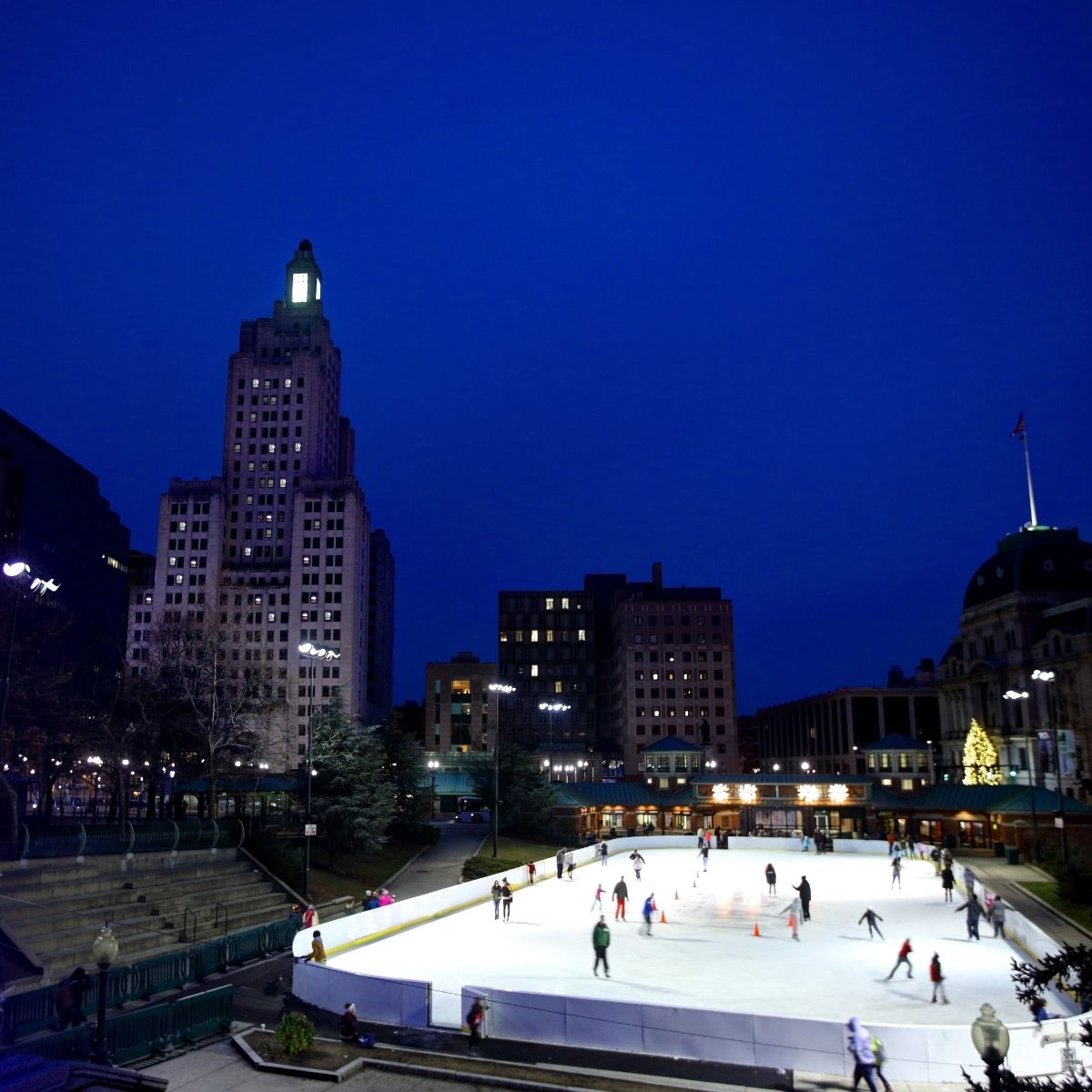 Ice rink in Providence, RI outdoors at night