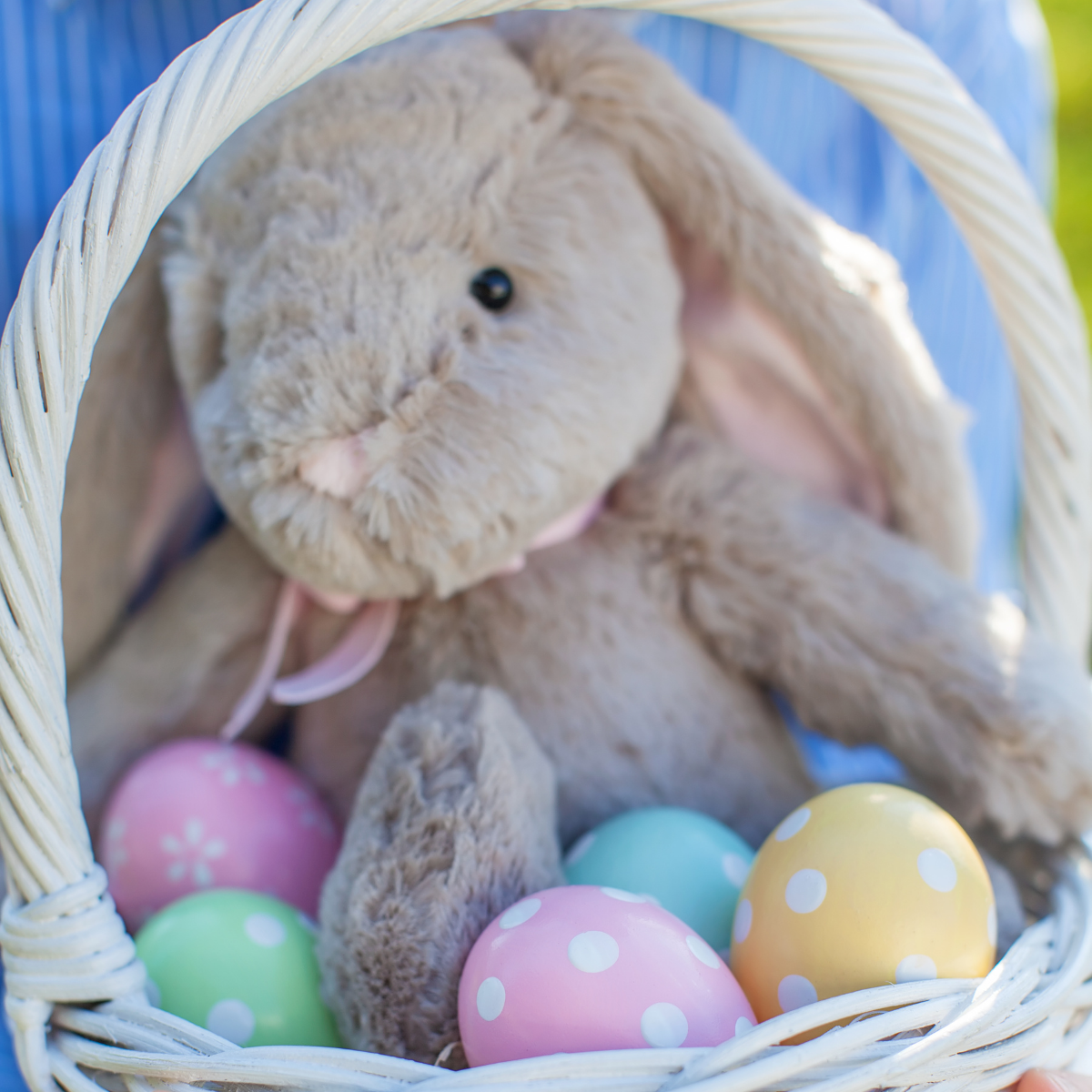 A white basket filled with Easter eggs and an plush bunny toy.